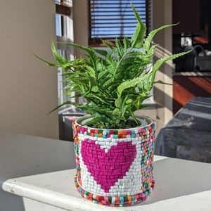Beaded mosaic style planter with a cute heart on a white square.